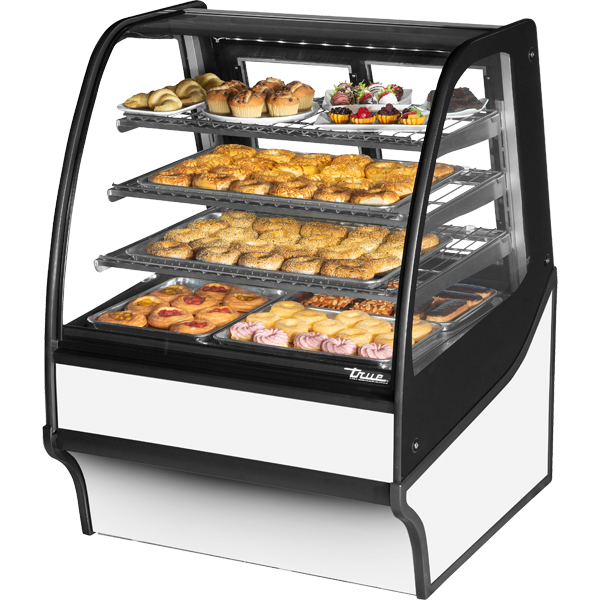 True TDM-DC-36-GE/GE-S-W Curved Glass, Glass End Dry Case with Stainless Exterior and White Interior
