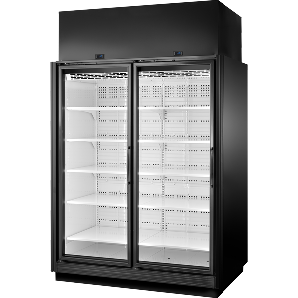 True TRM2L-NN-BLK-WHT-1BLKLL-4 True Retail Merchandiser • 2-Door • Low Temp - Finished Left Panel/Finished Right Panel - Black Exterior - White Interior - Aluminum Frame Black Doors • All Left Door Hinge - 4000K LED Lighting