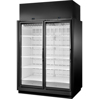 True TRM2L-NN-BLK-WHT-1BLKLL-4 True Retail Merchandiser • 2-Door • Low Temp - Finished Left Panel/Finished Right Panel - Black Exterior - White Interior - Aluminum Frame Black Doors • All Left Door Hinge - 4000K LED Lighting