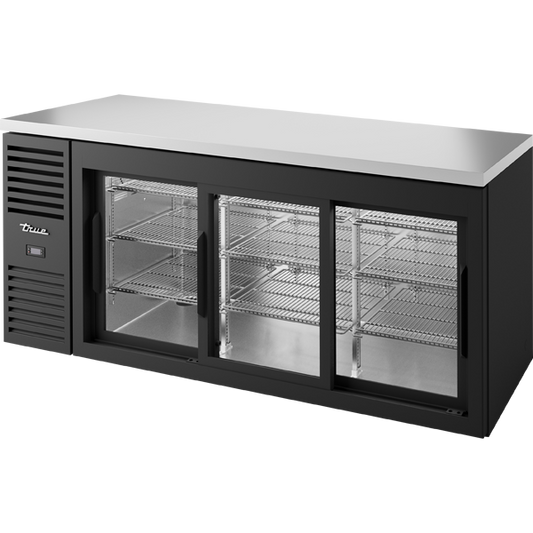 True TBR72-RISZ1-L-B-111-1 Reach-In Single Zone Refrigerator with Left Side Refrigeration System. Black Exterior and Glass Slide Doors