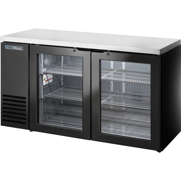 True TBB24-60-2G-Z1-SFT-B-1 Glass Swing Door Back Bar 24" Depth Single Zone Cooler with Stainless Finished Top and Black Exterior