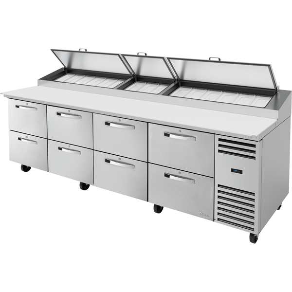 True TPP-AT-119D-8-HC~SPEC3 Solid Drawers Pizza Prep Table with Angled Top and Hydrocarbon Refrigerant