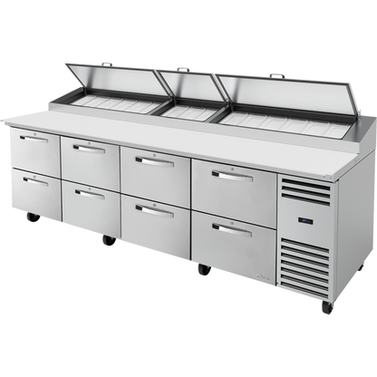 True TPP-AT-119D-8-HC~SPEC3 Solid Drawers Pizza Prep Table with Angled Top and Hydrocarbon Refrigerant