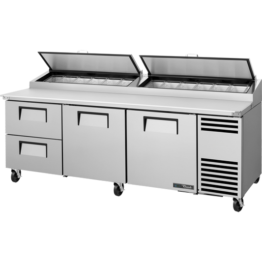 True TPP-AT2-93D-2-HC Solid Doors & Drawers Pizza Prep Table with Angled Top Version 2 and Hydrocarbon Refrigerant