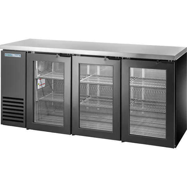 True TBB24-72-3G-Z1-SFT-B-1 Glass Swing Door Back Bar 24" Depth Single Zone Cooler with Stainless Finished Top and Black Exterior