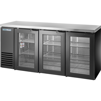 True TBB24-72-3G-Z1-SFT-B-1 Glass Swing Door Back Bar 24" Depth Single Zone Cooler with Stainless Finished Top and Black Exterior