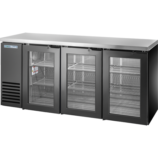 True TBB24-72-3G-Z1-SFT-B-1 Glass Swing Door Back Bar 24" Depth Single Zone Cooler with Stainless Finished Top and Black Exterior