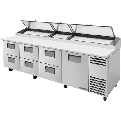 True TPP-AT-119D-6-HC Solid Door & Drawers Pizza Prep Table with Angled Top and Hydrocarbon Refrigerant