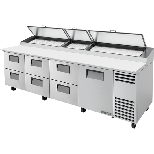 True TPP-AT-119D-6-HC Solid Door & Drawers Pizza Prep Table with Angled Top and Hydrocarbon Refrigerant