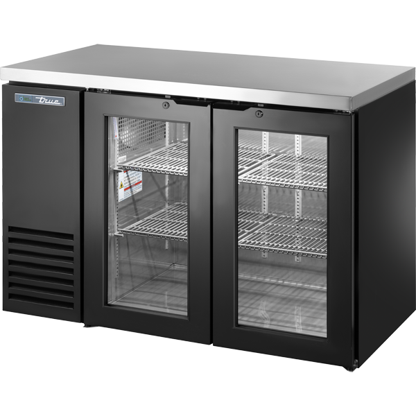 True TBB24-48-2G-Z1-SFT-B-1 Glass Swing Door Back Bar 24" Depth Single Zone Cooler with Stainless Finished Top and Black Exterior