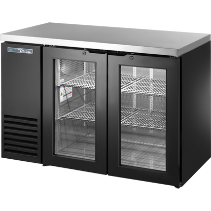 True TBB24-48-2G-Z1-SFT-B-1 Glass Swing Door Back Bar 24" Depth Single Zone Cooler with Stainless Finished Top and Black Exterior