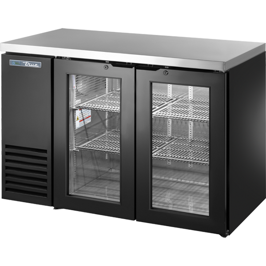 True TBB24-48-2G-Z1-SFT-B-1 Glass Swing Door Back Bar 24" Depth Single Zone Cooler with Stainless Finished Top and Black Exterior