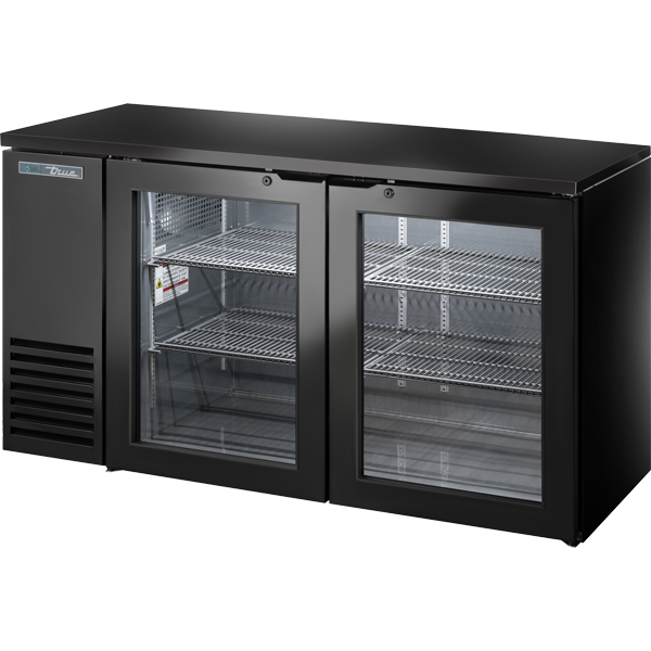 True TBB24-60-2G-Z1-BST-B-1 Glass Swing Door Back Bar 24" Depth Single Zone Cooler with Black Sub Top and Black Exterior